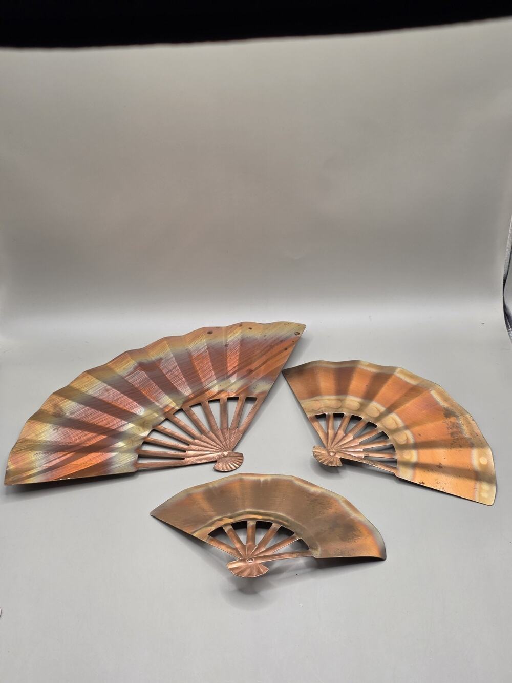 Vintage Metal Fan Wall Decor Set 3 Copper Brass Mid Century Modern MCM Homco 70s